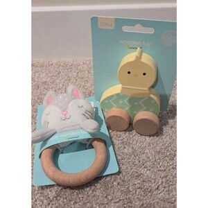 Wooden baby plush bunny teether and chick egg roller
